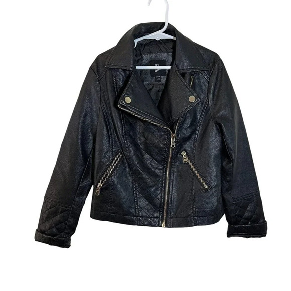 Art Class Girls Black Biker Motorcycle Faux Leather Jacket Small 6 Full Zip Edgy - Picture 1 of 6